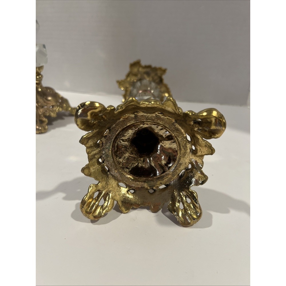 VTG Antique Victorian Brass Figural Crystal Hollywood Regen Candlestick Holders - Picture 5 of 6